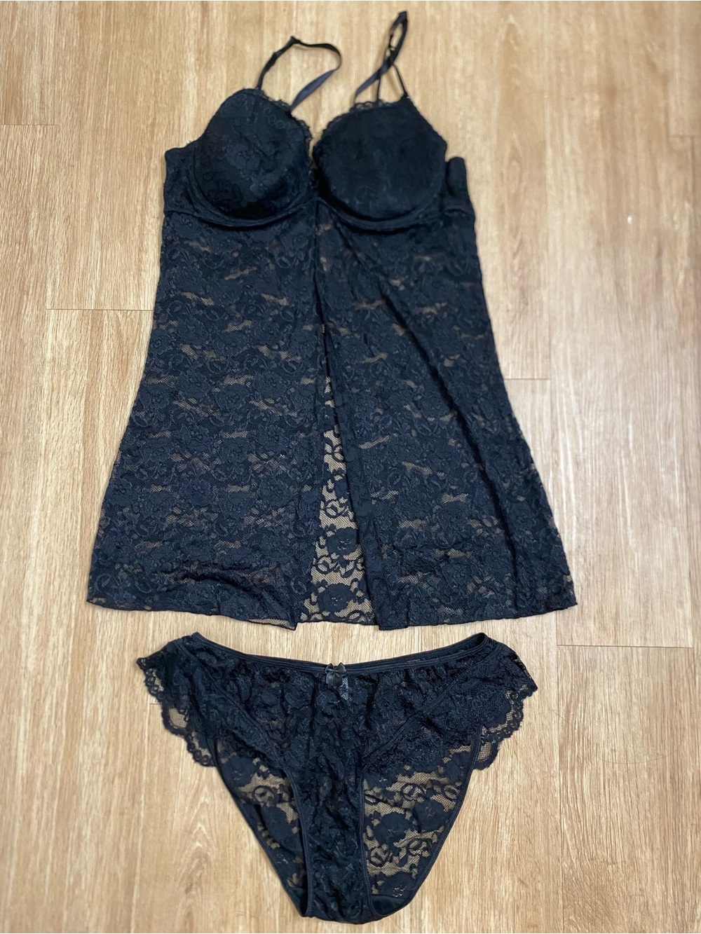 Rampage Black Lace Split-Front Chemise with Matching Brief